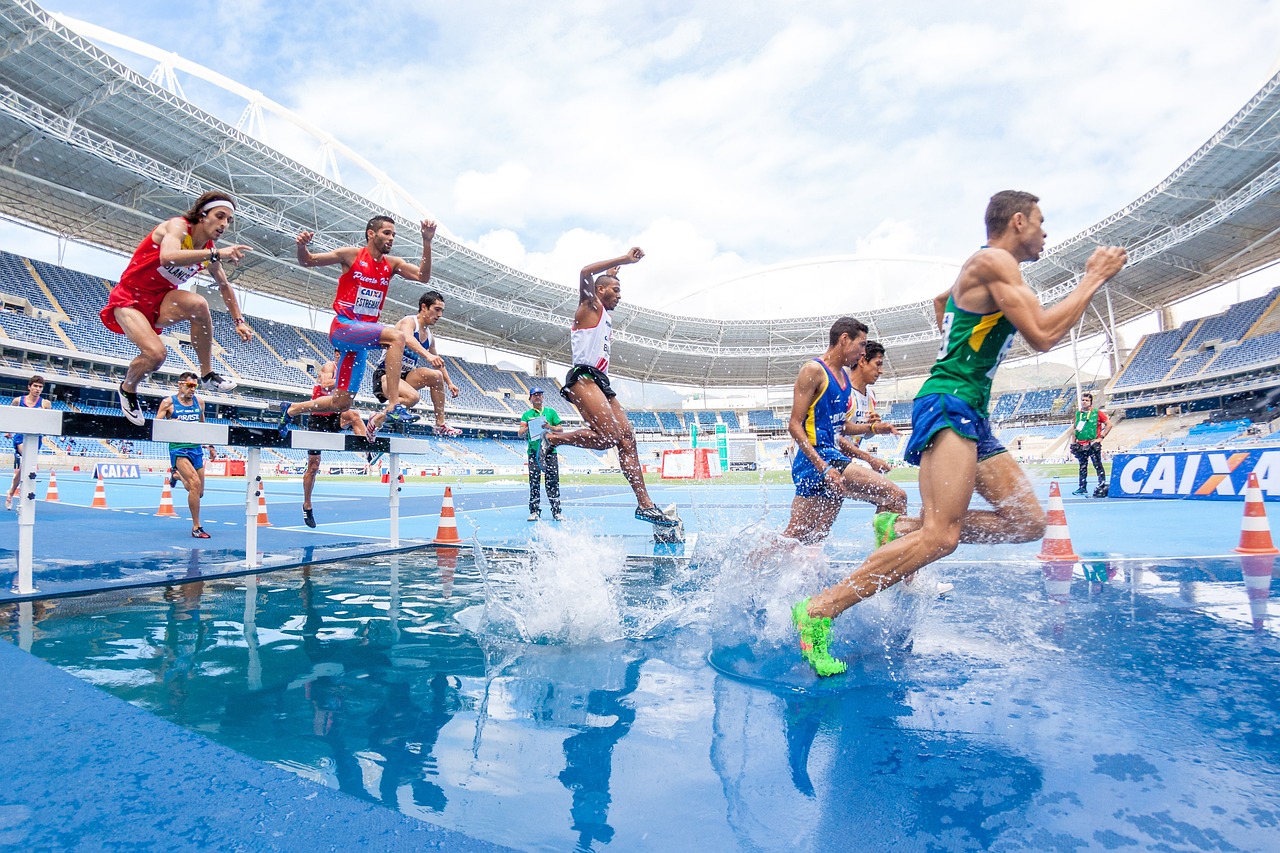 action, athletes, competition, hurdles, men, people, race, running, splash, sport, stadium, track and field, water, nature, blue water, action, race, race, running, running, running, running, sport, sport, sport, sport, sport